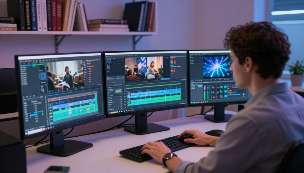 A high-tech editing workstation illuminated by soft, ambient lighting. In the foreground, a professional-looking individual dressed in smart casual attire is focused on a computer screen displaying a sophisticated video editing application, featuring advanced AI tools for upscaling content. The middle of the scene showcases multiple monitors, with video timelines and optimization graphs. In the background, sleek shelves are lined with books on video production, optimization, and artificial intelligence, creating an organized yet dynamic environment. The overall mood is innovative and inspiring, showcasing the fusion of creativity and technology in audiovisual editing. The camera angle captures the workspace from a slightly elevated position, adding depth and a modern aesthetic to the scene.