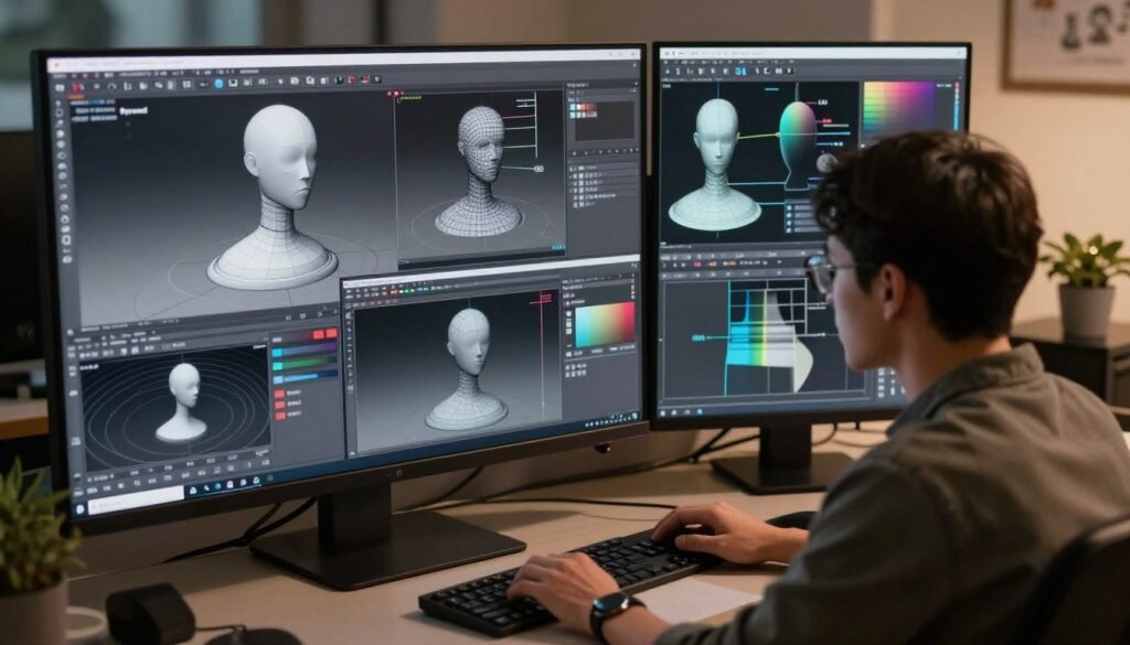 A highly detailed digital rendering of a 3D modeling workspace, showcasing the post-processing and retopology of a high-quality mesh. In the foreground, a professional artist is focused on their computer screen displaying complex 3D models and depth maps, wearing smart casual attire. The middle ground features multiple screens showing intricate wireframe models, with annotations and color gradients illustrating the retopology process. The background is filled with soft ambient lighting that highlights the workspace, creating a serene and productive atmosphere. The scene is captured from a slightly elevated angle, emphasizing the craftsmanship of the mesh quality enhancements, with subtle shadows adding depth to the environment.
