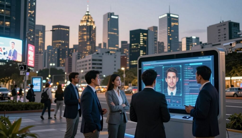 A modern Colombian cityscape at dusk, showcasing a high-tech facial recognition system in action. In the foreground, a group of professionals in business attire stands around a sleek, digital display board featuring facial recognition data. They are engaged in a discussion, highlighting the integration of AI technologies in their industry. The middle ground features a busy urban environment with buildings adorned with digital advertisements and surveillance cameras, subtly indicating a smart city infrastructure. The background reveals a striking skyline illuminated by city lights, with a warm glow casting a technological yet welcoming atmosphere. The scene is captured with a wide-angle lens offering a clear view of both the professionals and the urban landscape, emphasizing innovation and collaboration in facial recognition technology. The overall mood is dynamic, forward-looking, and professional.