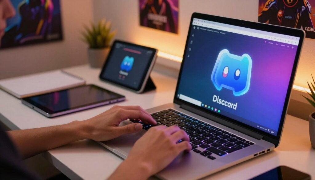 A modern Discord server setup scene, prominently featuring a computer desk with a sleek laptop displaying the Discord interface in vibrant colors. In the foreground, a close-up of a user's hands typing on a mechanical keyboard, illuminated by RGB lighting. The middle ground shows a minimalist workspace with a digital tablet and a notebook open, reflecting a sense of organization and creativity. In the background, a soft-focus view of gaming posters and ambient LED lights, creating a cozy and inviting atmosphere. The lighting is warm and welcoming, emphasizing a productive environment. The angle captures the workspace from a slightly elevated perspective, inviting viewers to step into this tech-savvy realm. The mood is energetic yet professional, highlighting the excitement of accessing innovative tools through Discord.