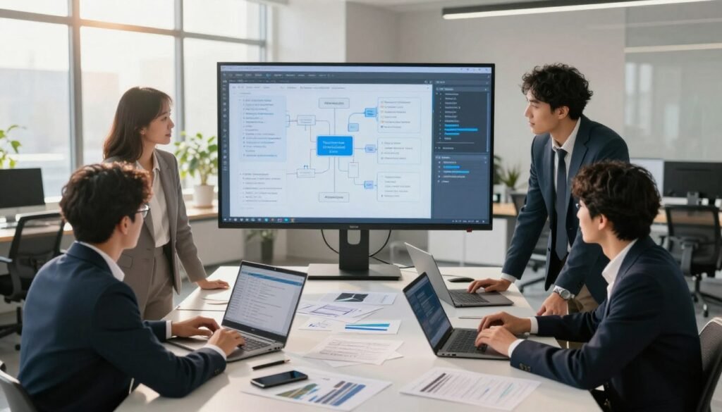 A modern and sleek workspace showcasing a creative prompt design process for AI. In the foreground, a diverse group of four professionals in business attire collaborate around a large, high-tech table filled with digital devices and creative notes. The middle ground features a digital screen displaying intricate AI prompt examples and flowcharts, illuminated in soft blue and white lights. In the background, a bright, airy room with large windows allows natural sunlight to filter in, creating a warm, inspiring atmosphere. The overall mood conveys innovation and teamwork, with a focus on effective communication and design in AI technology, captured from a slightly elevated angle to emphasize the collaborative environment.