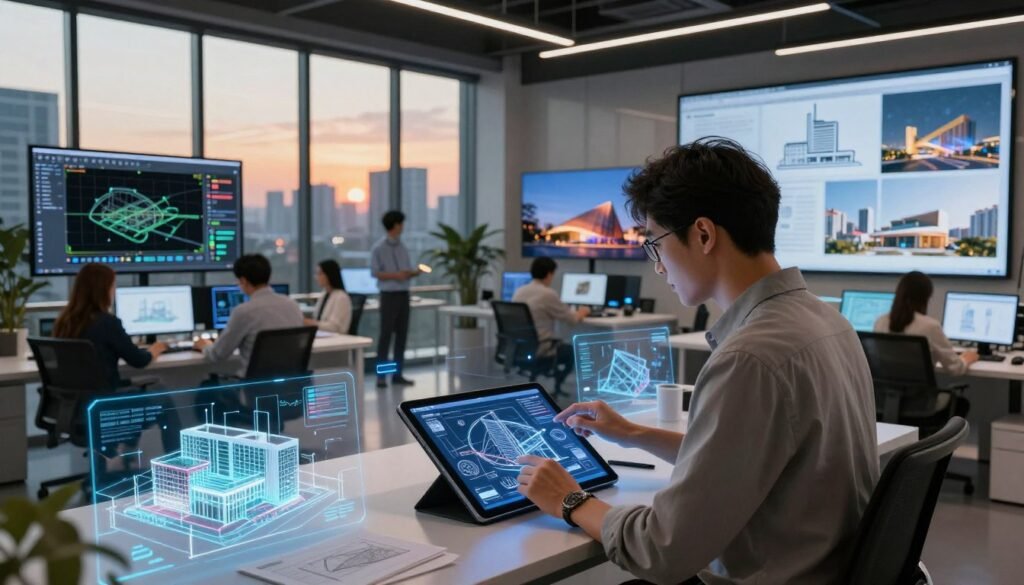 A modern architectural studio bustling with activity, showcasing advanced AI tools for architects and designers. In the foreground, a designer in professional attire analyzes futuristic blueprints on a sleek digital tablet, surrounded by holographic interfaces that display 3D architectural models and design simulations. The middle ground features a collaboration area with large screens showing CAD software, AI analysis tools, and inspiring images of innovative buildings. In the background, tall glass windows provide a panoramic view of an urban skyline at sunset, casting warm, ambient light throughout the space. The atmosphere is vibrant and dynamic, symbolizing creativity and the integration of artificial intelligence in architectural design.
