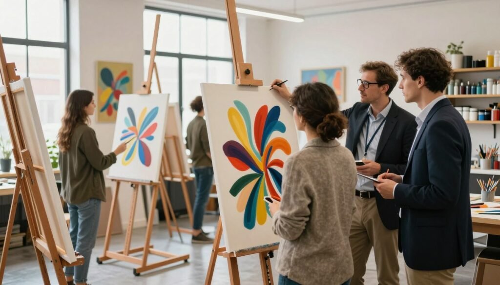 A modern art studio setting, showcasing a diverse group of professionals evaluating and adjusting abstract artworks on canvas. In the foreground, two individuals in professional business attire are engaged in discussion, examining vibrant and dynamic abstract paintings filled with swirling colors and geometric shapes. The middle of the image features several canvases propped up, showcasing a variety of artistic styles, illuminated by soft natural light from large windows, creating an inviting atmosphere. In the background, shelves are lined with art supplies and tools, enhancing the creative environment. The overall mood is focused and collaborative, reflecting a process of artistic refinement and innovation in an inspiring workspace.