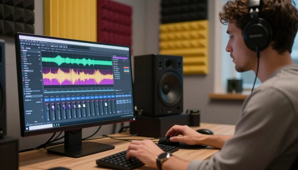 A modern audio editing workspace showcasing a sleek digital interface for audio customization. In the foreground, a desktop with a high-resolution monitor displays colorful audio waveforms and customizable sound settings, emphasizing the theme of voice transformation. To the right, a professional individual in smart casual attire is actively adjusting audio sliders and using headphones, focusing intently on the screen. The middle distance features soundproofing panels adorned with vibrant colors and acoustic designs. In the background, soft ambient lighting creates a focused and creative atmosphere, hinting at a high-tech environment. Capture the mood of innovation and professionalism, as the scene highlights the intricate details of audio editing and personalization.