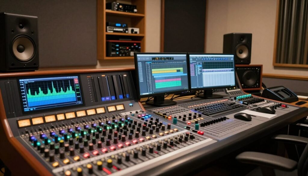 A modern audio production studio interior, showcasing an intricate sound mixing console in the foreground with colorful LED meters and various knobs, creating a vibrant focal point. To the left, a graphic equalizer displays a dynamic frequency spectrum, emphasizing the preparation and optimization of audio tracks. The middle ground features multiple digital audio workstations (DAWs) displaying waveforms and track arrangements, highlighting the meticulous work involved in mastering. In the background, shelves lined with audio equipment and acoustic panels soften the ambiance, while warm, ambient lighting casts a professional yet inviting atmosphere. The scene is captured from a slightly elevated angle, evoking a sense of immersion into the world of audio mastering, with an inspiring and creative mood.