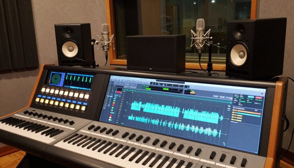 A modern audio recording studio scene filled with tools and functions to enhance sound quality. In the foreground, showcase a sleek digital audio workstation with an open software interface displaying waveform editing and mixing controls. Include various audio plugins, meters, and visualizers that highlight optimization features. In the middle ground, feature high-end microphones and studio monitors, arranged neatly to convey a professional environment. The background should consist of soundproofing panels and acoustic treatment, emphasizing a dedicated recording space. Use soft, warm lighting to create an inviting ambiance, with a focus on clarity and precision. Capture the scene from a slightly elevated angle to provide depth, ensuring the mood reflects creativity and technological innovation.