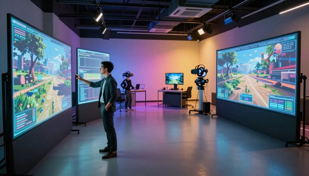 A modern audiovisual production studio filled with immersive virtual environments. In the foreground, a creative strategist, dressed in professional business attire, is interacting with large holographic screens displaying various virtual landscapes and animated elements. The middle ground features advanced technology such as VR headsets and motion capture equipment, highlighting the application of virtual environments in media creation. The background showcases a brightly lit studio, with colorful lights illuminating the space, creating a dynamic and inspiring atmosphere. Soft shadows enhance the depth of the scene while a wide-angle perspective captures the expansive layout of the studio space, evoking a sense of innovation and creativity in the field of virtual production.