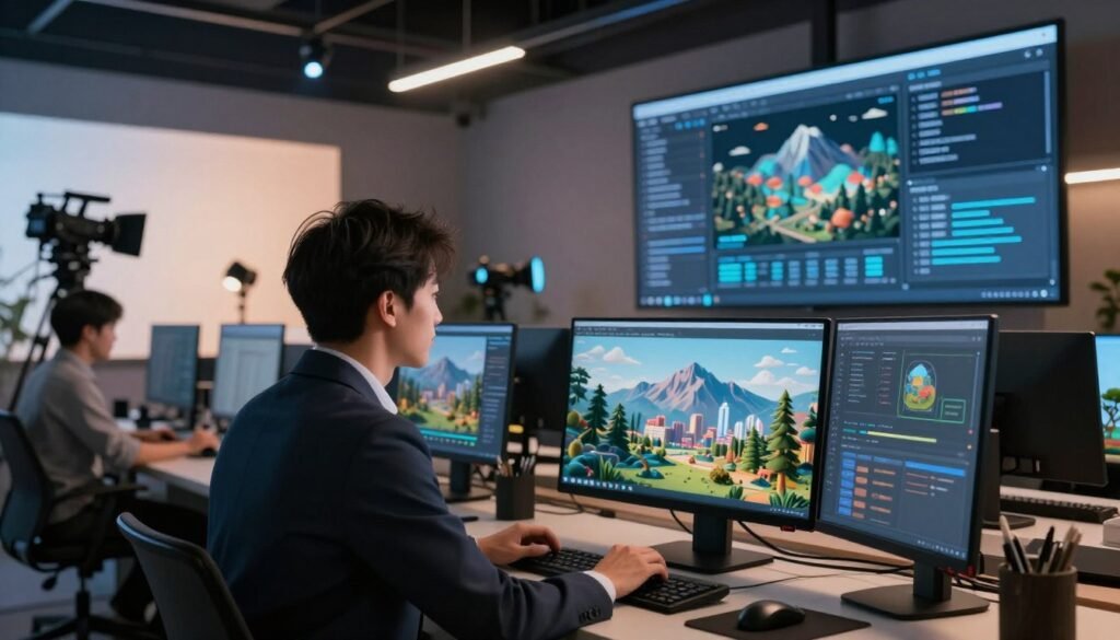 A modern audiovisual workspace showcasing the integration of AI in 3D scenery generation. In the foreground, a professional in business attire is interacting with a sleek computer interface displaying stunning 3D landscapes, including mountains, forests, and urban environments. The middle ground features large screens showing dynamic visualizations and AI algorithms at work, illuminating the space with a soft blue glow. In the background, a high-tech studio is visible, with advanced cameras and lighting setups highlighting the immersive atmosphere. The room is filled with a warm, engaging ambiance, emphasizing creativity and innovation. Use soft, dynamic lighting to enhance the collaborative feel, with a focus on the integration of technology and artistic expression.