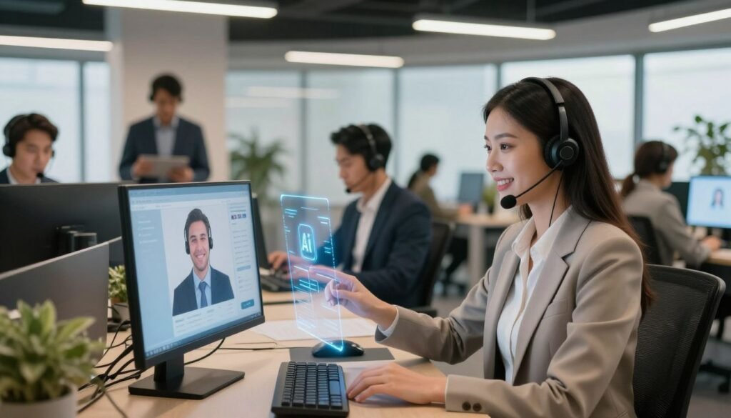 A modern, bustling customer service office featuring a diverse team of professional staff engaged in conversations with virtual AI assistants displayed on sleek screens. In the foreground, a confident female customer service representative in smart business attire interacts with an AI holographic interface, showcasing a friendly demeanor. The middle layer highlights coworking spaces where team members collaborate, using headsets and tablets to assist customers efficiently. The background is an open, bright space with large windows allowing natural light, enhancing a productive atmosphere. Soft, warm lighting from overhead fixtures creates an inviting mood. The scene embodies innovation and teamwork, signifying the advantages of AI in customer service.
