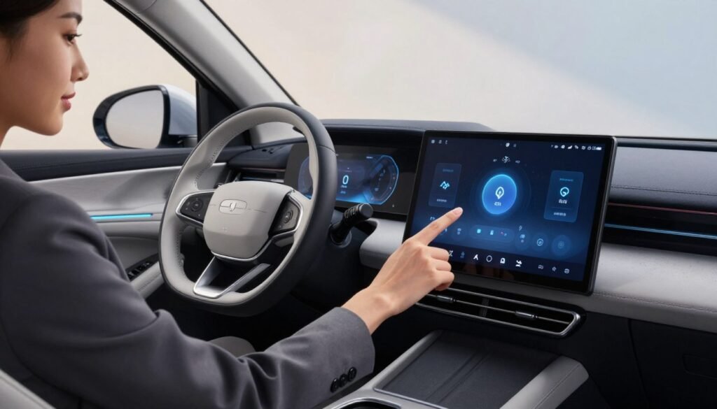A modern car interior equipped with advanced gesture control technology, showcasing a sleek dashboard with a large touchscreen display and intuitive gesture interfaces. In the foreground, a professional woman in business attire demonstrates a hand gesture, activating a feature on the screen, while a futuristic steering wheel glows softly to indicate interaction. The middle ground features the sophisticated dashboard design with ambient lighting that shifts between blue and white tones, enhancing the high-tech atmosphere. In the background, the blurred interior of the car reveals elegant leather seats and a panoramic window, conveying a sense of luxury. The overall mood is innovative and cutting-edge, illuminated by soft, diffused lighting as if highlighting an advanced technological experience.