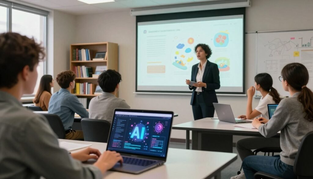 A modern classroom setting where an instructor, dressed in professional business attire, engages with a diverse group of students. In the foreground, a sleek laptop displays an AI interface visualizing dynamic educational content. The middle ground features a projector projecting vibrant illustrations and animations related to learning topics, while students express curiosity and excitement. The background shows bookshelves filled with educational resources, and a large window lets in soft, natural light, creating a warm atmosphere. The composition should focus on a balanced view, using a slight angle to enhance depth, and the overall mood is one of innovation and inspiration in education through AI technology.