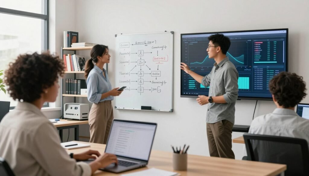 A modern, clean office space showcasing a diverse team of data scientists focused on fine-tuning AI models. In the foreground, a woman of African descent wearing professional attire is analyzing training data on her laptop, while a man of Asian descent in a smart casual outfit gestures toward a large screen displaying graphs and model performance metrics. In the middle, a white board filled with algorithms and flowcharts illustrates the fine-tuning process. The background features shelves with AI books and equipment, with natural light illuminating the room, creating a bright and inspiring atmosphere. Capture the essence of collaboration and innovation in AI development, with a warm, energetic mood, using a soft focus lens effect to enhance the scene subtly.