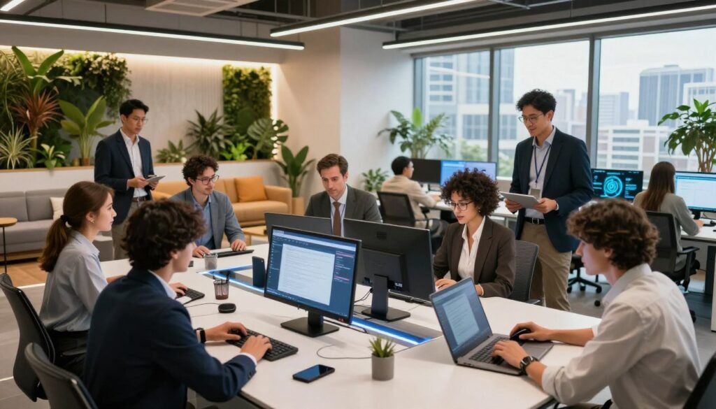 A modern, collaborative workspace showcasing the integration of technology in interior design. In the foreground, a diverse team of professionals, dressed in stylish business attire, engages in a brainstorming session around a sleek, high-tech table equipped with digital tools and interactive screens. In the middle, a beautifully designed interior features state-of-the-art furniture, greenery, and smart lighting that enhances the atmosphere. The background displays large windows that let in natural light, with a city skyline visible, symbolizing innovation. The overall mood is dynamic and inspiring, emphasizing creativity and teamwork. The image is captured with a wide-angle lens to provide a comprehensive view, with vibrant yet soft lighting to create an inviting ambiance.