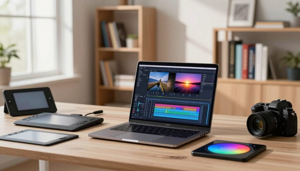 A modern creative workspace featuring an array of cutting-edge video editing tools powered by artificial intelligence. In the foreground, a sleek laptop shows intricate video editing software with a vibrant digital interface. Scattered around are high-tech gadgets like a graphics tablet, color grading wheels, and a professional camera. In the middle, a soft-focus bookshelf displays various books on video production and AI techniques, hinting at an atmosphere of knowledge and creativity. The background features a large, airy window allowing natural light to filter in, casting gentle shadows across the room. The overall mood is inspiring and innovative, evoking a sense of professionalism and artistic dedication, perfect for showcasing the advanced capabilities of AI in video editing.