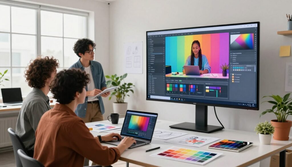 A modern creative workspace filled with vibrant colors and innovative tools. In the foreground, a diverse group of three professionals observes a large digital screen showcasing enhanced video colorization examples using AI. They are dressed in smart casual attire. In the middle ground, various creative materials like sketches, color palettes, and laptops are scattered across a sleek table. The background features a bright, open studio with large windows letting in soft, natural light, accentuating the lively atmosphere. The overall mood is inspiring and collaborative, conveying the practical application of AI in creative projects, with an emphasis on professionalism and artistic innovation. The angle captures a dynamic perspective, inviting the viewer into this imaginative environment.