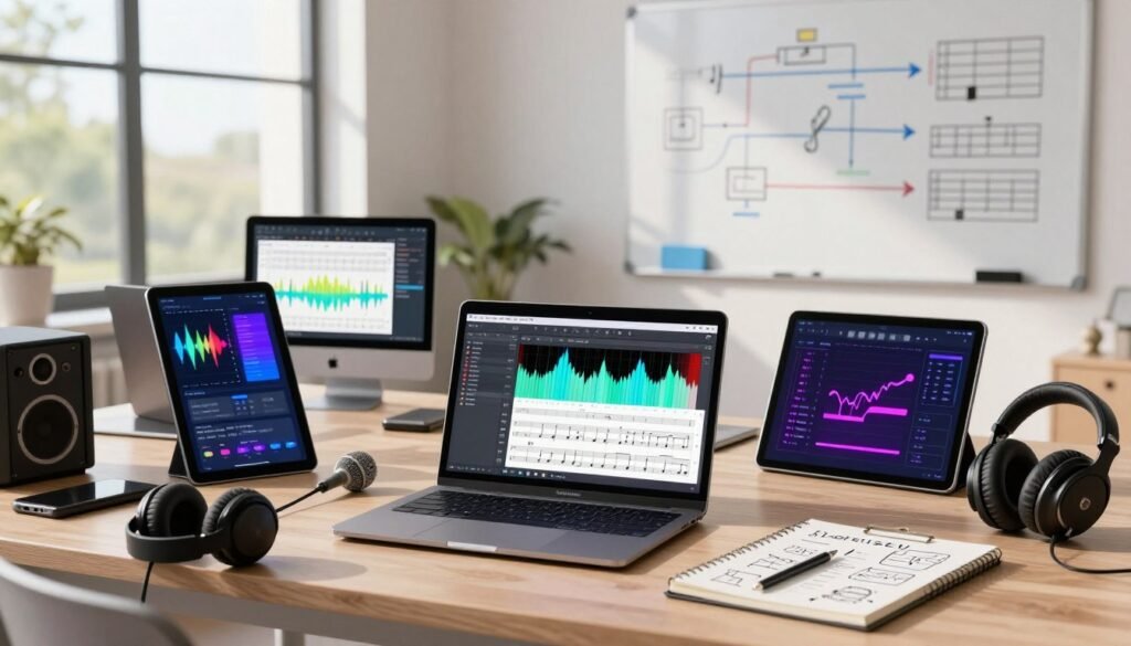 A modern creative workspace showcasing an array of tools and platforms for generating AI choruses. In the foreground, there's a sleek laptop displaying music software with vibrant waveforms and scores, surrounded by audio equipment like microphones and headphones. The middle ground features an array of digital tablets showing various choir generation applications and a notepad filled with brainstorming ideas. In the background, a wall-mounted whiteboard showcases diagrams of AI algorithms related to music creation. Soft, bright lighting illuminates the space, casting gentle shadows, while a large window reveals a serene outdoor view, evoking a sense of inspiration and innovation. The atmosphere is vibrant and focused, ideal for creative endeavors.