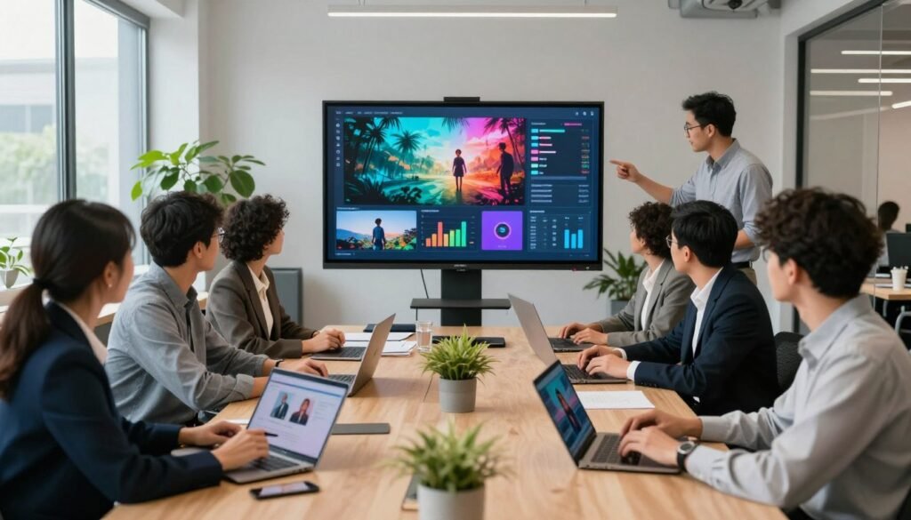 A modern creative workspace showcasing the benefits of audiovisual production with AI. In the foreground, a diverse group of professionals in smart business attire is engaged in a brainstorming session, using tablets and laptops to visualize ideas. In the middle ground, a large screen displays vibrant visuals of AI-generated short films, with analytics and progress charts. The background features a stylish office environment with bright, natural lighting filtering through large windows, plants adding a lively touch. The atmosphere is collaborative and innovative, embodying a spirit of creativity and technology integration. A panoramic view captures the essence of modern production techniques, focusing on teamwork and the impact of AI in filmmaking.