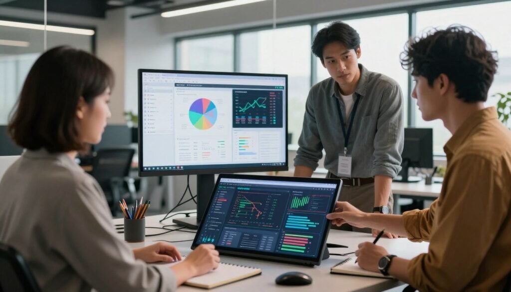 A modern data preparation scene focused on fine-tuning AI models, featuring a diverse group of three professionals in smart casual attire collaborating around a large digital display. In the foreground, one person is skillfully manipulating data visualizations on a touchscreen, while another is taking notes on a notepad. In the middle ground, various datasets and visual analytics are prominently displayed, with colorful charts and graphs illustrating data trends. The background showcases a sleek, high-tech office space with large windows, allowing natural light to flood in, creating a bright and innovative atmosphere. Soft shadows and a warm color palette evoke a sense of teamwork and creativity, emphasizing the meticulous nature of data structuring.