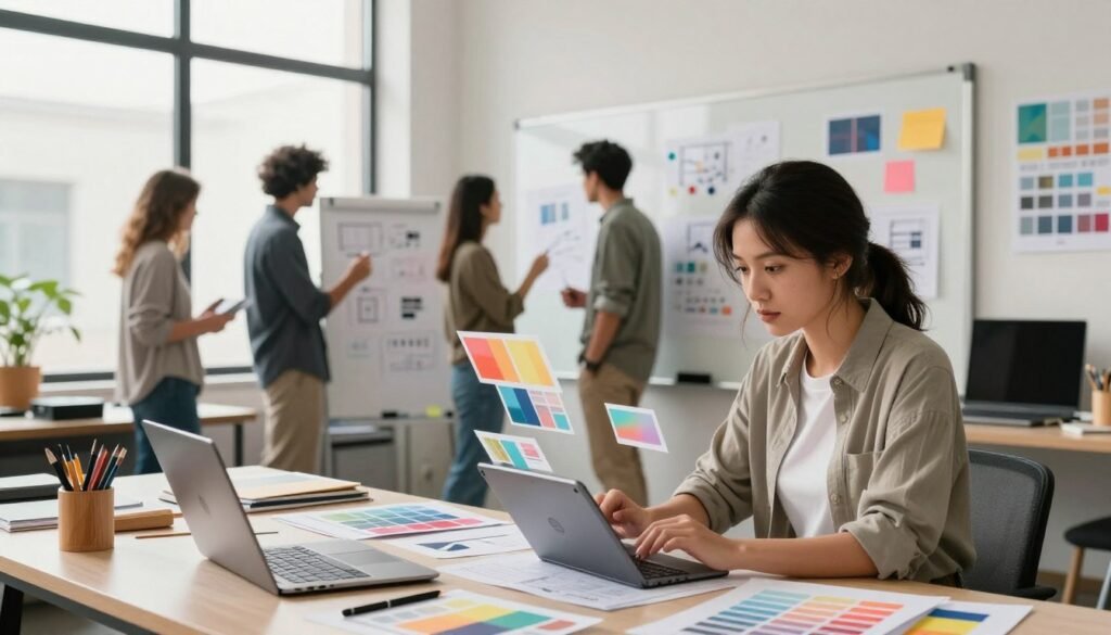 A modern design studio filled with diverse designers collaborating on a vibrant project. In the foreground, a focused female designer in smart casual attire is intently working on a tablet, layers of colorful digital images floating in the air around her. In the middle, two male designers are sketching ideas on a large whiteboard, surrounded by various design tools, color swatches, and laptops. The background features large windows letting in natural light, creating an inspiring and energetic atmosphere. Soft shadows accentuate the creative workspace, and the overall mood is one of innovation and teamwork, emphasizing the benefits of layered image generation with AI in creative iterations.