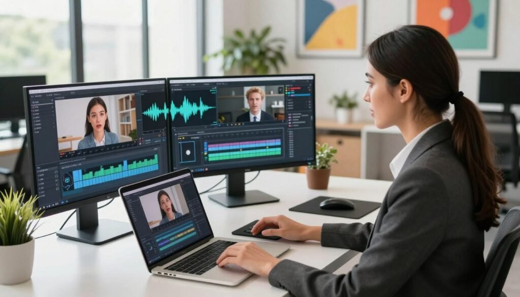 A modern digital workspace featuring a professional woman in business attire, deeply engaged in creating a video narrative with AI voiceover integration. In the foreground, she sits at a sleek desk with a laptop open, showing a video editing software interface. The middle layer includes visual elements like audio waveforms and digital graphics that represent storytelling elements. The background features a bright, inspiring office with large windows letting in natural light, potted plants, and vibrant artwork reflecting creativity and innovation. The overall mood is dynamic and focused, emphasizing professionalism and technological advancement. The image is captured with a slight angle from above, highlighting the workspace and digital elements, creating an inviting atmosphere of modernity and productivity.