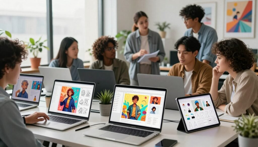 A modern digital workspace illustrating AI image generation tools. In the foreground, an array of sleek laptops and tablets displaying vibrant, colorful character designs and storyboard sketches, showcasing the creative process. The middle layer features a diverse group of professionals, dressed in smart casual attire, engaged in animated discussions over their screens, collaborating on innovative ideas. In the background, a large window allows soft natural light to flood the room, illuminating a stylish office filled with potted plants and artistic posters. The atmosphere is vibrant and inspiring, reflecting creativity and technological advancement in multimedia production. The scene emphasizes teamwork and the integration of AI in artistic storytelling.