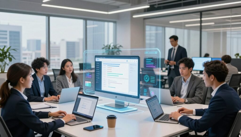 A modern digital workspace scene showcasing seamless integration with workflow tools and platforms. In the foreground, a diverse group of professionals in business attire is engaged in a collaborative discussion around a sleek, high-tech table filled with digital devices. The middle layer features floating holographic interfaces displaying various apps and data analytics, creating a sense of advanced technology. In the background, the office is bright and airy, with large windows reflecting a city skyline, while soft, ambient lighting enhances the professional atmosphere. The overall mood is one of innovation and collaboration, emphasizing the power of connectivity in digital workflows. A wide-angle perspective captures the dynamic interaction between team members and their digital environment.