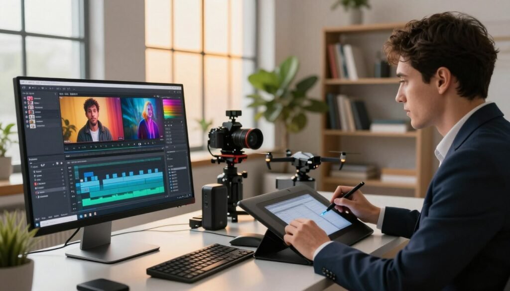 A modern digital workspace showcasing an advanced AI video editing workflow. In the foreground, a sleek computer monitor displays an editing software interface with vibrant video clips and timeline tools. To the right, a professional individual in smart business attire meticulously reviews footage using a graphics tablet, exuding focus and expertise. The middle layer features a subtle collection of tech gadgets like cameras, drones, and external hard drives, emphasizing the blend of technology in editing. In the background, large windows let in warm, ambient lighting, illuminating the minimalist office space filled with green plants and a large bookshelf holding resources on filmmaking and AI. The atmosphere feels innovative and productive, capturing the synergy between human creativity and AI technology in film editing.