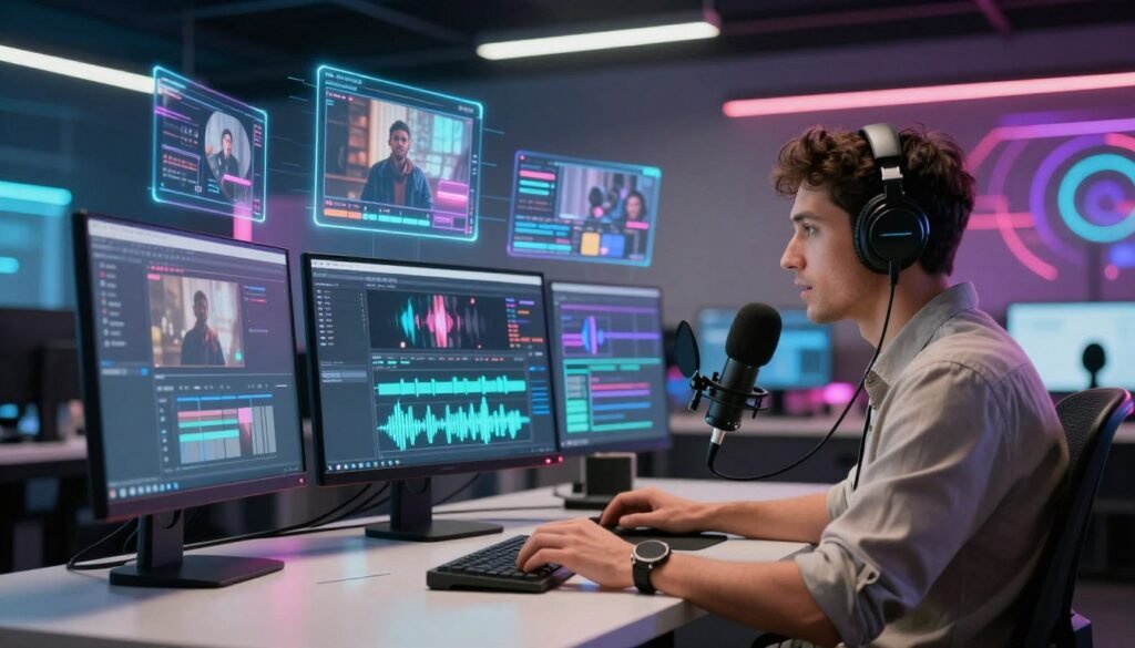 A modern digital workspace, showcasing the integration of AI in audiovisual content creation. In the foreground, a professional voiceover artist sits at a sleek desk, wearing smart casual attire, using a microphone and headphones. The artist interacts with a high-tech computer displaying dynamic visual software and sound waveforms. In the middle ground, holographic images of audio clips and video footage float around the workspace, representing the fusion of technology and creativity. The background features vibrant LED lights and abstract digital patterns, conveying a futuristic atmosphere. Bright, focused lighting highlights the interaction between the artist and technology, creating a sense of innovation and collaboration. Use a wide-angle lens for depth, showcasing the energy of a creative environment.