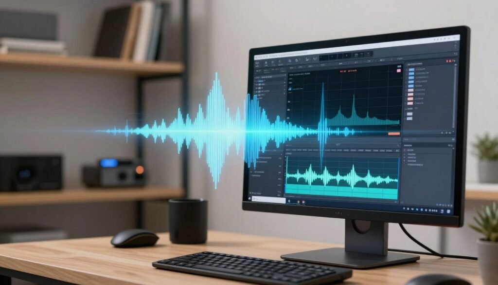 A modern digital workspace showcasing the process of AI voice generation. In the foreground, a sleek computer with a sound editing software interface open, displaying waveforms and audio clips. On the middle layer, an animated representation of sound waves visually emanating from the computer, symbolizing the conversion of text to voice. In the background, soft-focus shelves filled with technology books and devices related to AI and sound engineering. The lighting is bright and inviting, emphasizing a sense of innovation and creativity, while the angles focus on both the computer and the sound waves. The mood is dynamic and forward-thinking, hinting at the future of advertising with AI voiceovers.