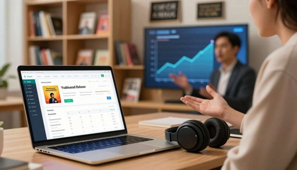 A modern digital workspace showcasing the process of publishing and distributing audiobooks on various platforms. In the foreground, a laptop displays an interactive dashboard with audiobook statistics and cover images. A pair of professional headphones rests beside the laptop. In the middle ground, a person dressed in smart casual attire is engaged in conversation with an animated graph illustrating audiobook sales growth on a screen. The background features a vibrant bookshelf filled with audiobooks and creative plaques, giving a sense of accomplishment. Soft, warm lighting creates an inviting atmosphere, while a slight bokeh effect adds depth to the scene. The overall mood is productive and inspiring, emphasizing innovation in audiobook creation and distribution.