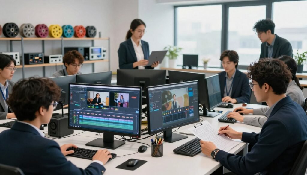 A modern editing studio focused on quality control and optimization in audiovisual production. In the foreground, a diverse group of professionals, dressed in smart business attire, are analyzing video footage on high-resolution monitors. One person is adjusting settings on a digital editing software, another is reviewing a checklist for quality assurance. In the middle ground, shelves are lined with technical equipment and colorful film reels, representing creativity and organization. The background features large windows letting in soft, natural light, creating a bright and inspiring atmosphere. The overall mood is focused and collaborative, reflecting the importance of precision in video editing. The image should be shot with a wide-angle lens to capture the bustling environment, showcasing both technology and teamwork in harmony.