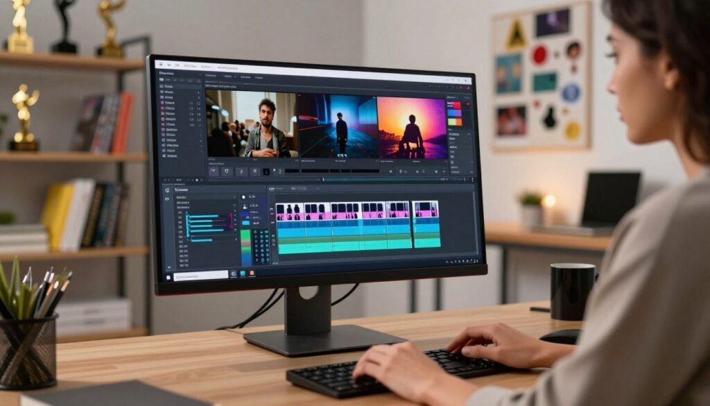 A modern film editor's workspace, featuring a close-up of a high-resolution monitor displaying complex video editing software with frame interpolation tools in action. In the foreground, a focused editor, a woman in smart casual attire, adjusts settings on a sleek, ergonomic keyboard. The middle layer showcases a vibrant array of film clips on the screen, illustrating various techniques of frame optimization. In the background, soft ambient lighting highlights shelves filled with film awards, books on editing techniques, and a creative mood board. The overall atmosphere conveys professionalism and innovation, inviting viewers to explore the art of video editing and frame optimization with AI. The scene is well-composed, shot with a shallow depth of field to emphasize the editor's concentration and the dynamic editing interface.