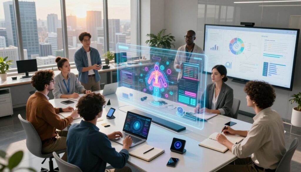 A modern, futuristic workspace filled with brainstorming tools, such as digital whiteboards and holographic interfaces. In the foreground, a diverse group of professionals in smart attire are engaged in ideas generation about video production. They are interacting with a large, translucent screen displaying vibrant visualizations and charts depicting artificial intelligence concepts. The middle ground captures a high-tech table cluttered with notebooks, pens, and AI-driven gadgets. The background showcases large windows with a city skyline, bathed in warm, ambient light, creating an inspiring atmosphere. The scene is well-lit, utilizing natural daylight to enhance creativity, with a slight angle from above to showcase the collaborative nature of the idea generation process. The overall mood is innovative and energetic, reflecting teamwork and the power of artificial intelligence in conceptualization.