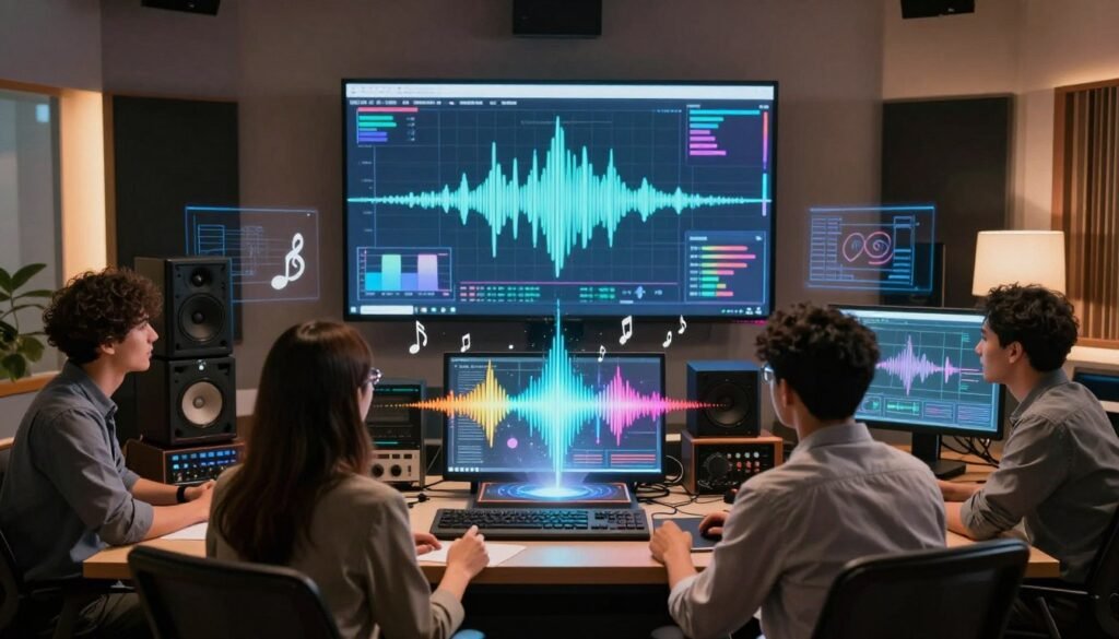 A modern, high-tech studio filled with advanced audio equipment and glowing screens displaying waveforms. In the foreground, a diverse group of professionals, including a woman in a smart blazer and a man in a casual collared shirt, are engaged in brainstorming, surrounded by musical notes and colorful sound waves that seem to emanate from a central AI interface. The middle ground features a large digital screen showcasing innovative sound generation algorithms and graphs illustrating vocal synthesis. The background is softly illuminated with warm light, creating an inviting and inspiring atmosphere, while futuristic elements like holograms add to the sense of cutting-edge technology. The perspective is slightly angled to give depth, evoking a mood of creativity and collaboration in the field of artificial intelligence and music generation.