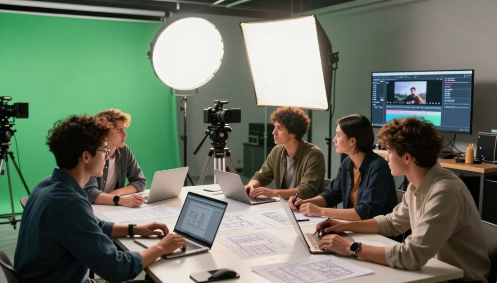 A modern, high-tech video production setup in a well-lit studio. In the foreground, a diverse group of creative professionals, dressed in smart casual attire, collaborate around a large table covered with storyboards, laptops, and a camera. The middle layer features a high-resolution camera on a tripod, with softbox lighting illuminating the scene, casting a warm glow that enhances the atmosphere of teamwork and creativity. The background shows green screens and film equipment, with digital displays showcasing editing software. The overall mood is focused and innovative, conveying a sense of strategic planning and modern filmmaking techniques using AI. The perspective is slightly angled to capture the depth of the studio and the dynamic interactions among the team.