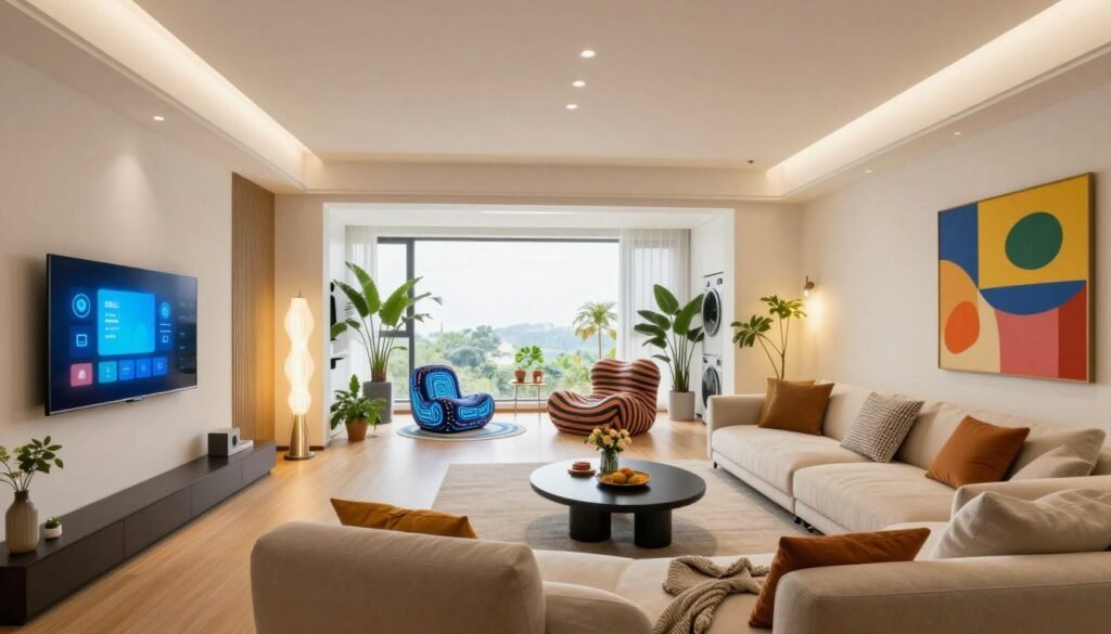 A modern interior design scene showcasing the application of digital creativity in decoration. In the foreground, an elegantly furnished living room with a stylish sofa, colorful abstract artwork on the walls, and a digital display integrating smart technology into the decor. The middle ground features unique decorative elements like futuristic lighting fixtures, greenery, and innovative furniture with digital patterns. In the background, large windows allow natural light to flood the space, enhancing the vibrant colors. The atmosphere is inspiring and contemporary, evoking a sense of spaciousness and creativity, captured with a wide-angle lens to emphasize the room's depth and design. Soft, warm lighting enhances the inviting mood. No people are present in the scene.