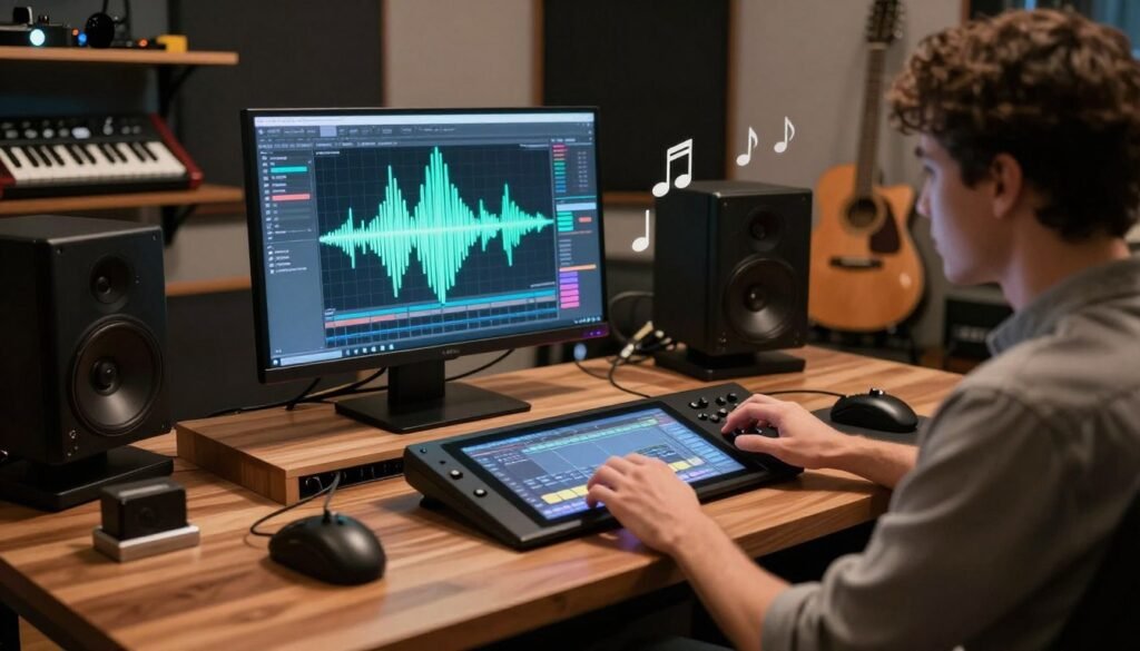 A modern music production studio filled with advanced technology, showcasing a sleek digital audio workstation on a stylish wooden desk. In the foreground, a focused individual, dressed in smart casual attire, interacts with a touchscreen interface, creating music with the help of AI tools. The middle layer features vibrant soundwave visualizations emanating from the screen, showcasing the creative process, while musical notes float around. In the background, shelves filled with instruments like guitars and synthesizers add warmth to the scene, under soft, ambient lighting that sets a calm yet inspiring atmosphere. The composition captures the essence of innovation and creativity in music production with AI technology.