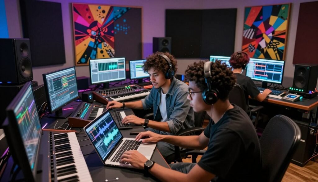A modern music production studio filled with high-tech equipment and digital interfaces for electronic music creation. In the foreground, a diverse group of three professional music producers, dressed in smart casual attire, are collaborating over a laptop, analyzing waveforms and harmonies. They exhibit a focused and creative energy. In the middle ground, various synthesizers and sound mixers are visible, illuminated by soft, ambient LED lights, casting colorful reflections. The background features large soundproof panels adorned with vibrant art inspired by electronic music genres. The atmosphere is dynamic and innovative, with an emphasis on collaboration and creativity in music production. The scene is captured with a wide-angle lens, balanced lighting that enhances the futuristic vibe, and a subtle lens flare to add depth.