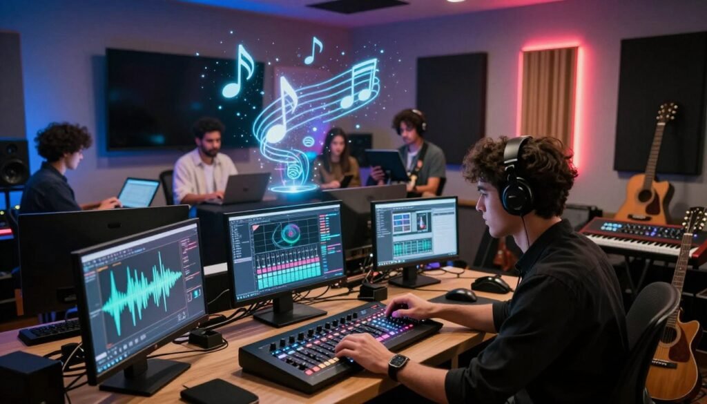 A modern music studio filled with advanced AI technology and digital instruments. In the foreground, a focused musician in professional attire adjusts sound levels on a sleek digital interface, surrounded by monitors displaying musical waveforms and AI-generated visualizations. In the middle ground, a diverse group of musicians collaborates, utilizing laptops and tablets, while holographic projections of musical notes and patterns float above them, symbolizing the integration of AI in their creative process. The background features a vibrant, high-tech setup with colorful LED lights, acoustic panels, and instruments like guitars and synthesizers. Soft, ambient lighting creates an inviting and innovative atmosphere, emphasizing creativity and collaboration in musical projects enhanced by artificial intelligence.