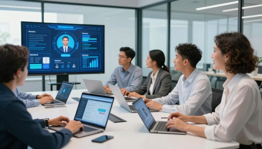 A modern office environment featuring a diverse group of professionals collaborating around a large, high-tech conference table. In the foreground, a smiling female team leader with short hair is discussing a digital interface displayed on a large screen, showcasing various telephony platforms and voice AI integrations. In the middle ground, several team members of different ethnicities are engaged with laptops and tablets, analyzing data and schematics related to voice chatbot systems. The background features large glass windows allowing natural light to flood the room, creating a vibrant and energetic atmosphere. The color scheme is sleek, with blue and white tones, emphasizing a tech-savvy, innovative feel. Lighting is bright and even, and the angle captures the teamwork and collaboration in action, conveying a sense of forward-thinking efficiency.