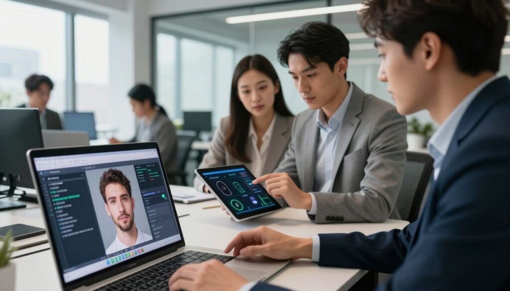 A modern office environment featuring a diverse group of professionals engaged in the practical implementation of a facial recognition system. In the foreground, a close-up view of a laptop screen displaying complex algorithms and facial recognition software. In the middle, two individuals, a male and a female dressed in professional business attire, collaborate while analyzing facial data on a digital tablet. The background shows a sleek office space with large windows allowing natural light to flood in, casting soft shadows. The atmosphere is focused and innovative, with a hint of excitement as cutting-edge technology is showcased. The image should be taken from a slightly elevated angle, giving a comprehensive view of the workspace without any text or branding elements.