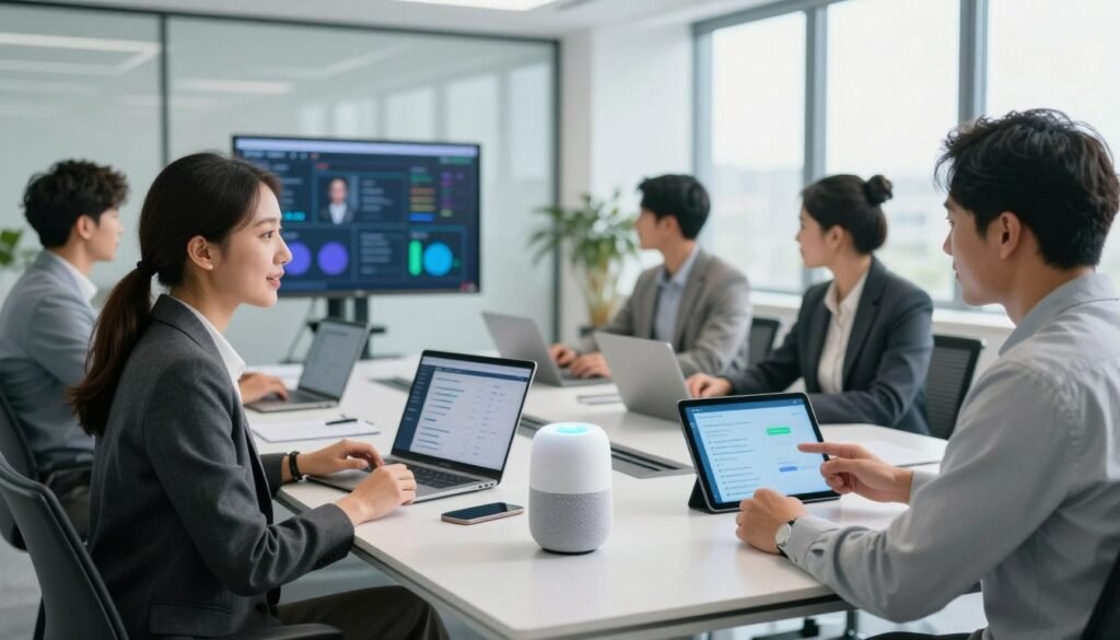 A modern office environment featuring a professional, diverse group of individuals interacting with voice-assisted technology. In the foreground, a woman in business attire is engaged in a conversation with a smart speaker, while a man beside her oversees data on a tablet displaying voice command functionalities. The middle ground showcases a sleek conference table with laptops and digital displays showing customer service analytics. The background features large windows allowing natural light to flood in, creating a bright, inviting atmosphere. The scene conveys a sense of collaboration and innovation, emphasizing the optimization of user experience. The mood is energetic yet focused, illustrating the seamless integration of voice assistants in enhancing user interactions.