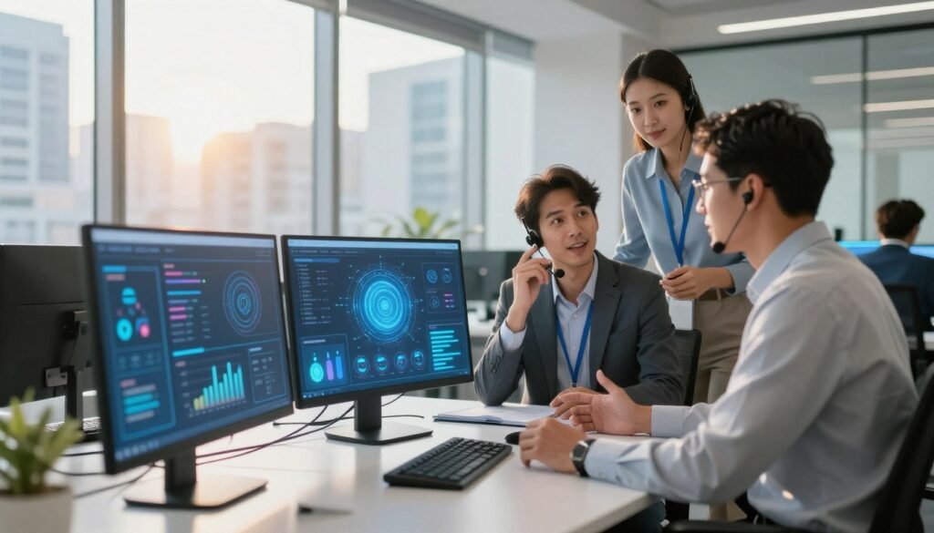 A modern office environment showcasing a seamless integration of voice AI technology in customer service. In the foreground, a diverse group of three professionals—two men in business attire and one woman in smart casual clothing—are engaged in an animated discussion around a sleek, futuristic digital workstation. The middle ground features interactive screens displaying data visualizations and AI interface elements, glowing softly to emphasize the technology's sophistication. In the background, large windows reveal a bustling cityscape, with warm sunlight streaming in, creating a bright and welcoming atmosphere. Use a slight tilt-angle perspective to enhance the sense of innovation and collaboration, capturing the essence of advancement in technology-driven customer service. The overall mood should be dynamic and inspirational, reflecting the transformative power of AI in business interactions.