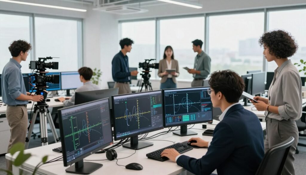 A modern office environment showcasing a team of diverse professionals collaborating on camera movement control using AI technology. In the foreground, two individuals in business attire are engaged in a discussion, examining 3D visualization screens displaying captured motion data. In the middle ground, various technical equipment, including cameras and computers, is strategically arranged, highlighting the cutting-edge technology being utilized. The background features large windows allowing natural light to flood the space, creating a bright and innovative atmosphere. The overall mood should convey a sense of collaboration, innovation, and technological advancement, emphasizing the exciting results discovered through case studies. Use a wide-angle lens perspective to capture the dynamic interplay between the professionals and their high-tech environment.