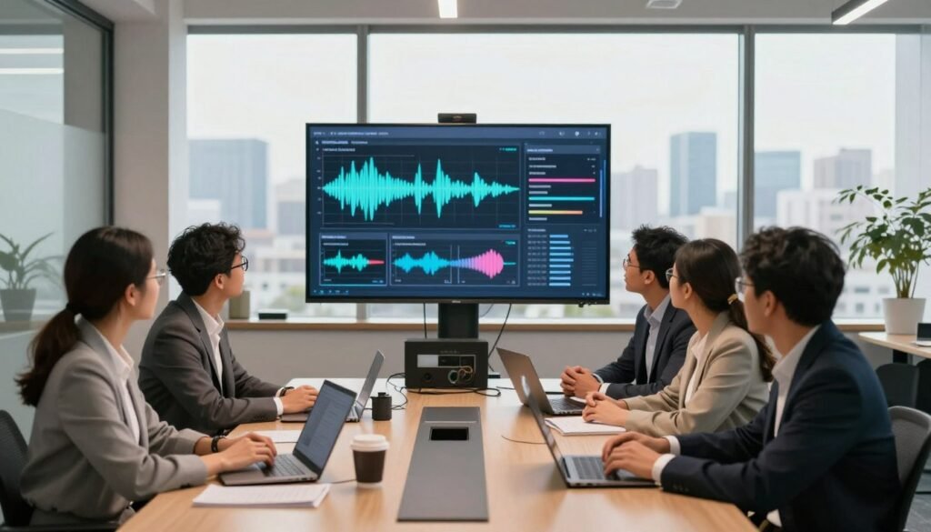 A modern office environment showcasing practical applications of artificial intelligence in audio improvement. In the foreground, a diverse group of professionals, dressed in smart business attire, are engaged in a discussion around a sleek conference table, with laptops and audio equipment nearby. In the middle ground, a large digital screen displays visualizations of sound waveforms and audio enhancement graphs, highlighting successful case studies. The background features large windows with a city skyline, allowing natural light to fill the room, creating an inspiring atmosphere. Use a warm color palette with soft lighting to evoke a sense of innovation and collaboration, shot from a slightly elevated angle to capture the interaction among the team.