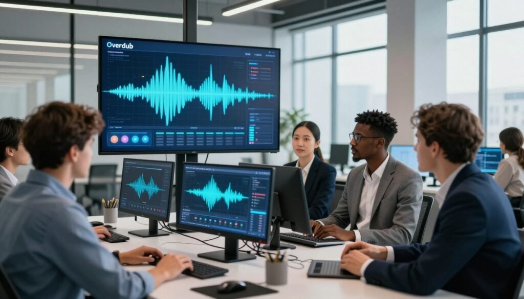 A modern office environment showcasing the concept of voice cloning technology. In the foreground, a diverse group of professionals, dressed in business attire, are engaged in a collaborative discussion around a sleek, high-tech workstation equipped with soundwave displays and voice modulation software. In the middle ground, a large digital screen displays visualizations of voice waveforms and real-time voice synthesis, illustrating the Overdub technology. The background features a stylish, contemporary office with large windows allowing ample natural light, creating an open, innovative atmosphere. The overall mood should be dynamic and inspiring, highlighting the cutting-edge nature of AI-driven voice editing, with a soft focus effect to emphasize the professionals’ interaction with the technology.