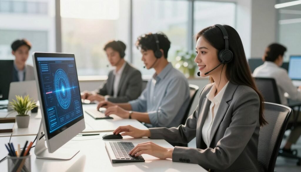 A modern office environment showcasing the efficiency and benefits of AI-driven customer service. In the foreground, a professional businesswoman in smart attire is seated at a sleek desk, interacting with a sophisticated AI interface displayed on her computer screen. Her expression is focused and positive, conveying satisfaction and engagement. In the middle ground, diverse colleagues collaborate over documents and digital devices, illustrating teamwork and enhanced communication. The background features large windows with natural sunlight illuminating the space, creating a warm and inviting atmosphere. The overall mood is optimistic and forward-thinking, highlighting a sense of innovation and improvement in customer service processes. The lighting is bright yet soft, emphasizing clarity and professionalism, capturing a moment of productivity in the workplace.