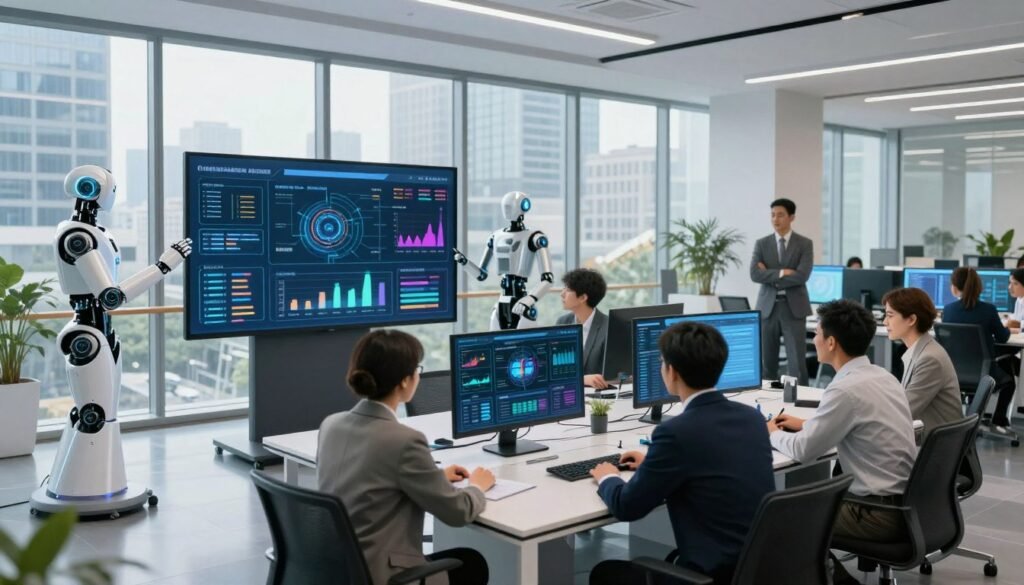 A modern office environment showcasing the implementation of AI in business workflows. In the foreground, a diverse group of professionals in business attire, collaborating around a high-tech digital table displaying data analytics and workflow charts. The middle features sleek, transparent screens with vibrant graphs and AI algorithms, while futuristic robotic assistants are present, helping manage tasks. In the background, large windows reveal a bustling cityscape, illuminating the space with natural light, creating a dynamic and optimistic atmosphere. Use a wide-angle lens to capture the entire scene, ensuring a professional tone that reflects innovation and teamwork in a corporate setting.