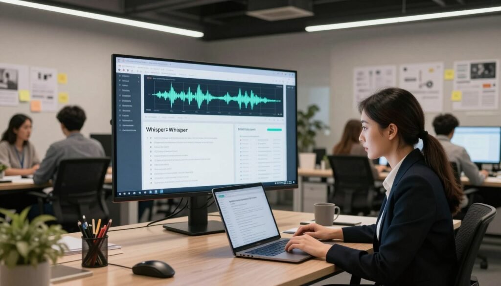 A modern office environment showcasing the integration of OpenAI's Whisper technology in real-world projects. In the foreground, a professional businesswoman, dressed in smart attire, is intently working on her laptop, analyzing transcripts with Whisper. In the middle, an interactive digital screen displays audio waveforms and transcription analytics, representing the Whisper technology in action. The background features colleagues engaged in a collaborative discussion, with sticky notes and project plans pinned on a wall. Soft, ambient lighting creates a focused yet engaging atmosphere, while a wide-angle perspective captures the depth of the workspace. The overall mood is one of innovation and teamwork, emphasizing the practical application of Whisper in a professional setting.