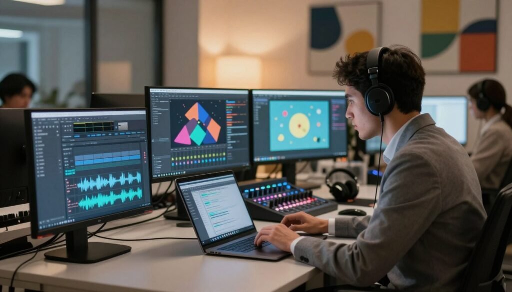 A modern office environment showcasing the integration of voice and automated narration in multimedia production. In the foreground, a digital interface displays waveforms and sound editing tools. In focus, a professional in business attire leans over a laptop, engaged with audio analysis. Surrounding them are monitors showing dynamic animations and visual storytelling elements. The middle ground features a sound mixer and headphones, symbolizing the audio aspect. In the background, soft ambient lighting creates a collaborative atmosphere, with abstract art on the walls hinting at creativity and innovation. The lighting is warm and inviting, highlighting the interplay between technology and human creativity. The scene conveys a mood of professionalism and cutting-edge technology.
